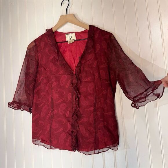 ICE Red Silk Paisley Sheer Bell Sleeve Ruffle Blouse M Y2K Romantic Boho Fairy - Picture 2 of 8